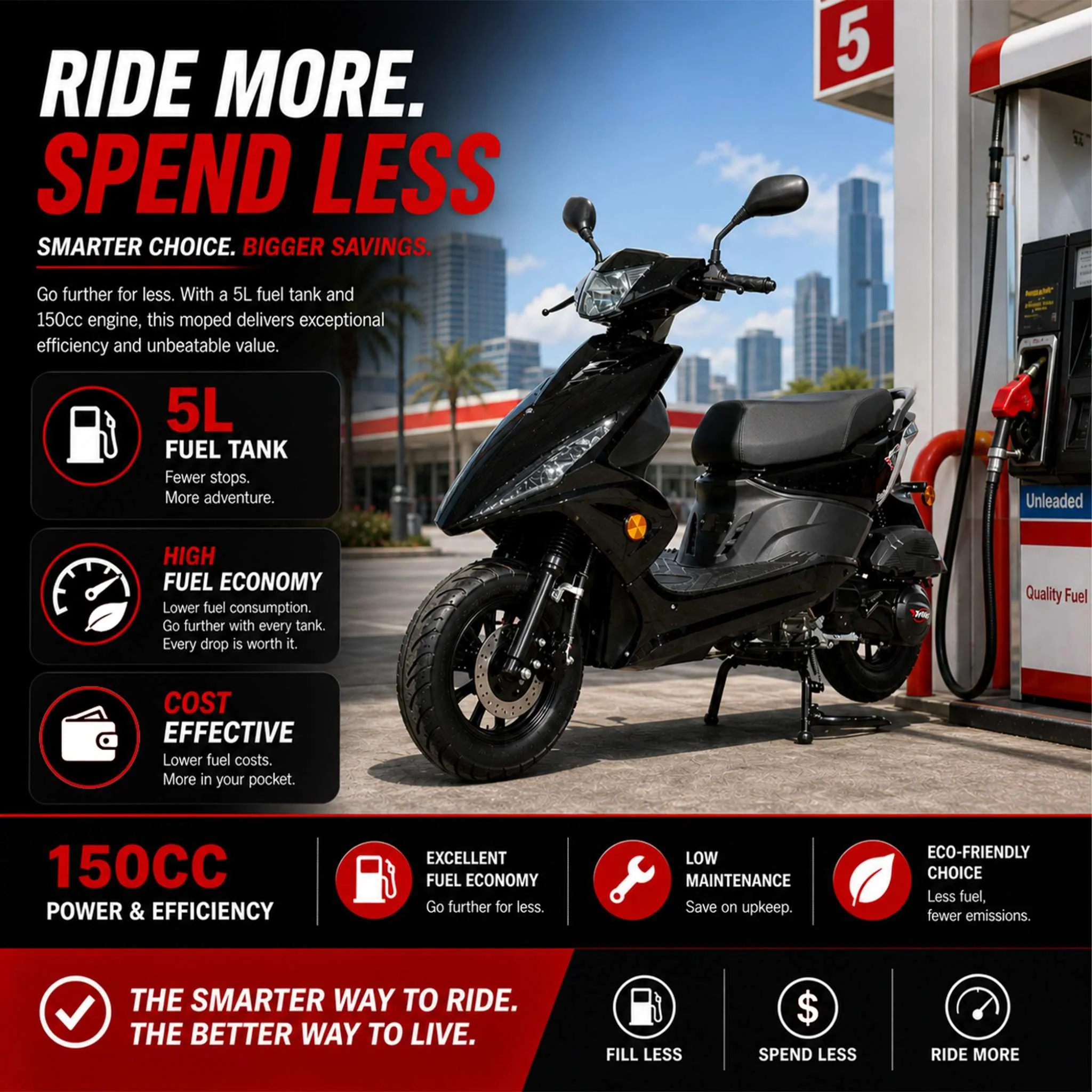 Free Shipping! X-PRO Bali 150cc Moped Scooter with 10" Wheels! Electric Start, Large Headlights! - Image 3