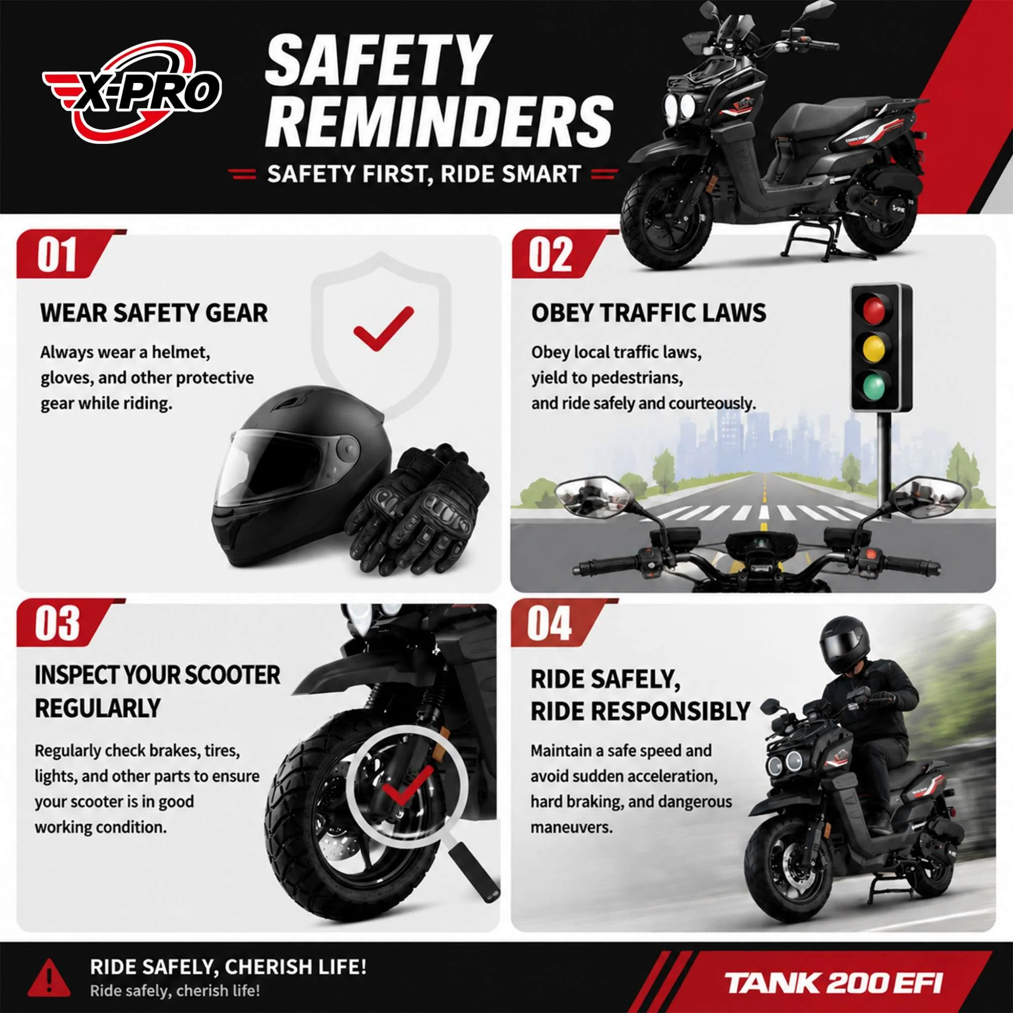 Free Shipping! X-PRO TANK 200 EFI Electronic Fuel Injection Moped Scooter with 12" Alloy Wheels! LED Lights! - Image 11