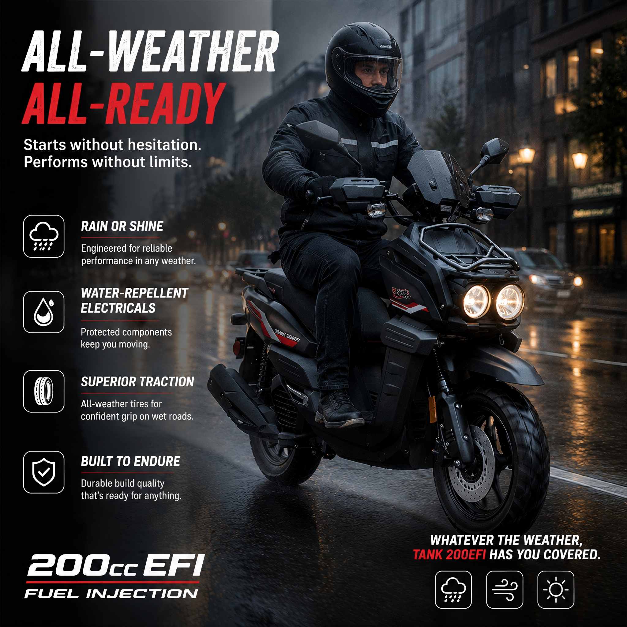 Free Shipping! X-PRO TANK 200 EFI Electronic Fuel Injection Moped Scooter with 12" Alloy Wheels! LED Lights! - Image 6