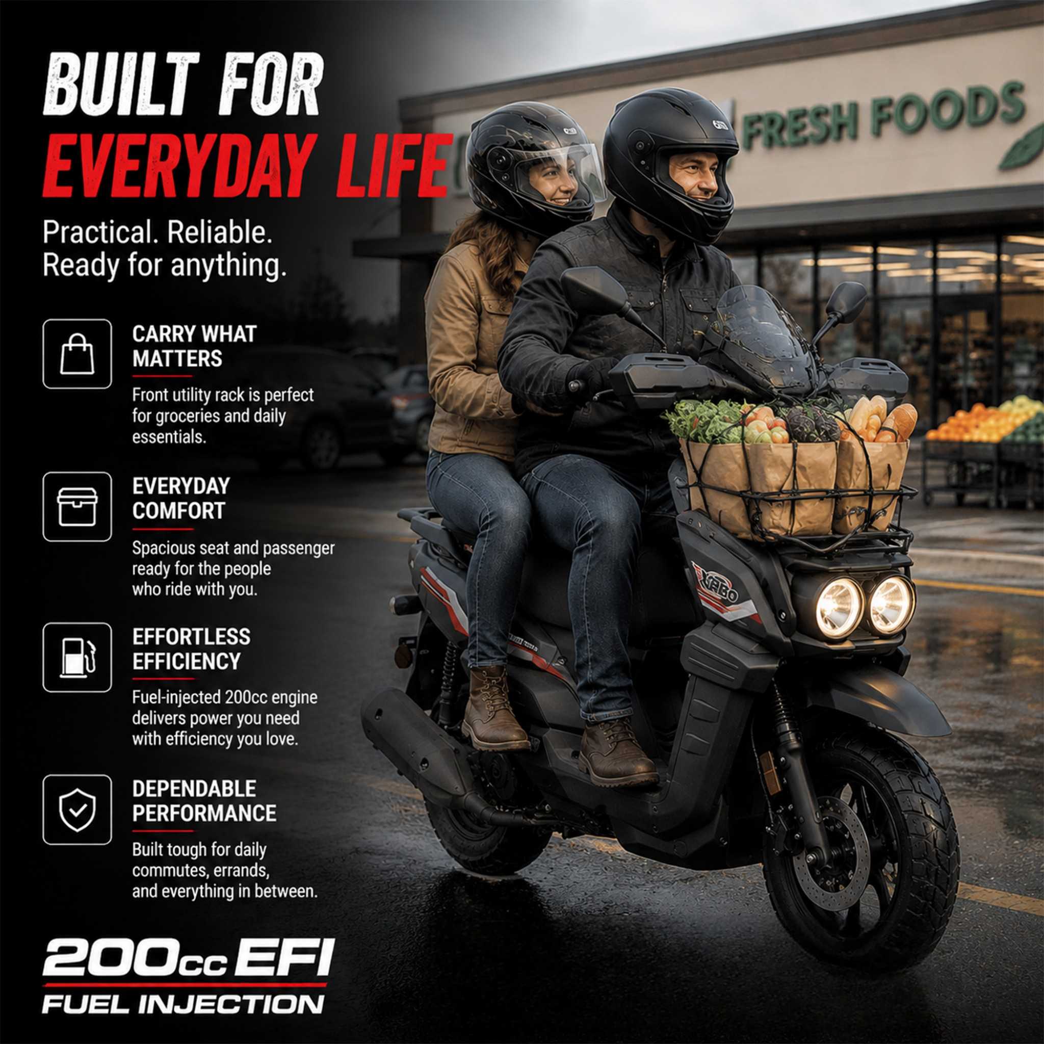 Free Shipping! X-PRO TANK 200 EFI Electronic Fuel Injection Moped Scooter with 12" Alloy Wheels! LED Lights! - Image 7