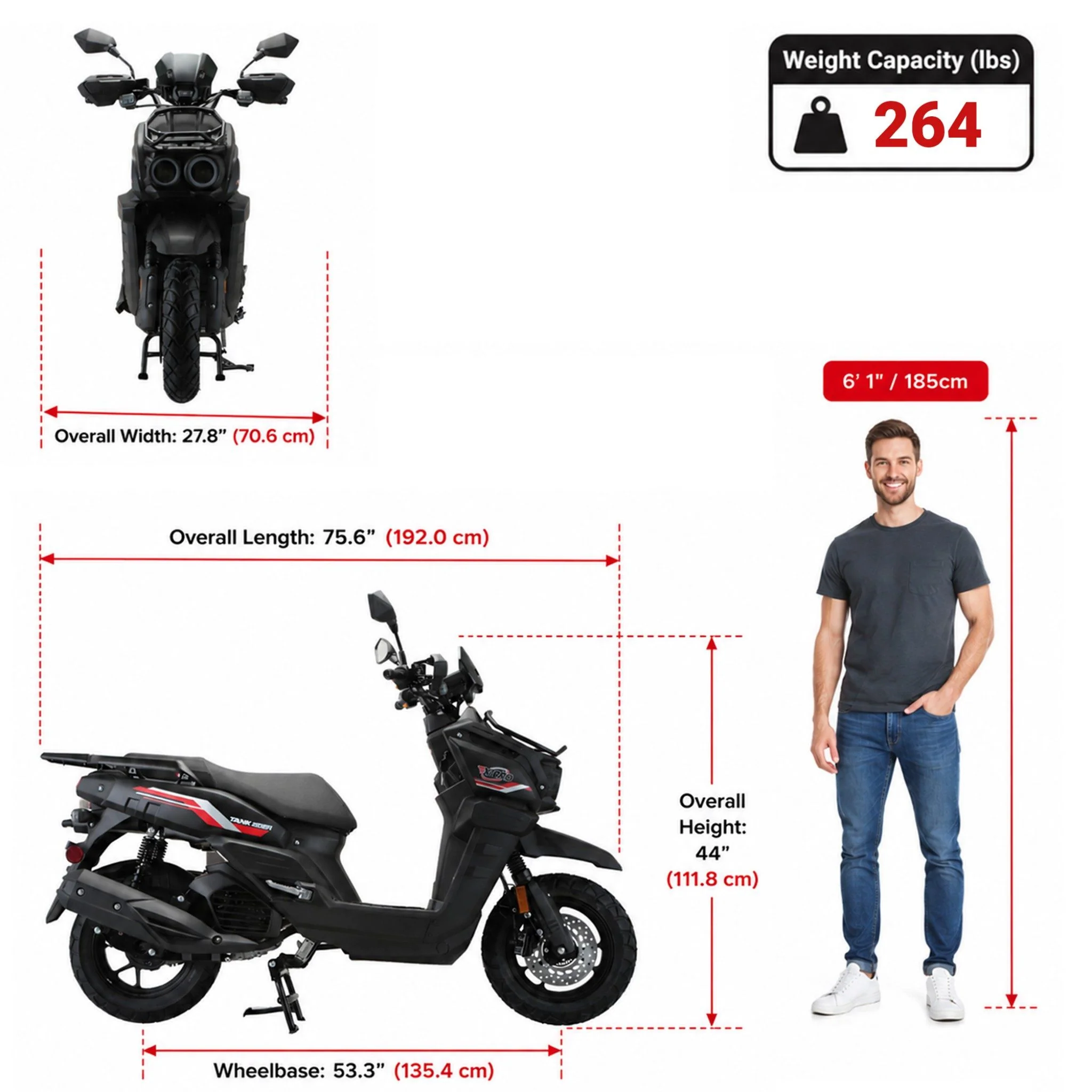 Free Shipping! X-PRO TANK 200 EFI Electronic Fuel Injection Moped Scooter with 12" Alloy Wheels! LED Lights! - Image 8