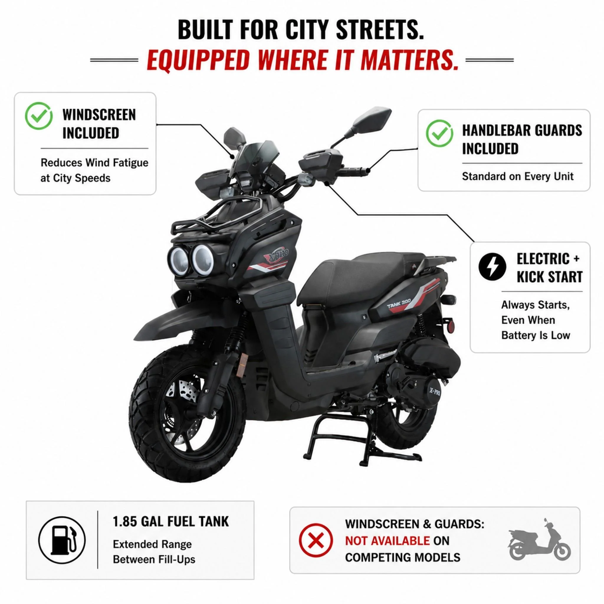 Free Shipping! X-PRO Tank 200 Moped Scooter with 12" Aluminum Wheels! Electric/Kick Start, LED Lights! - Image 3