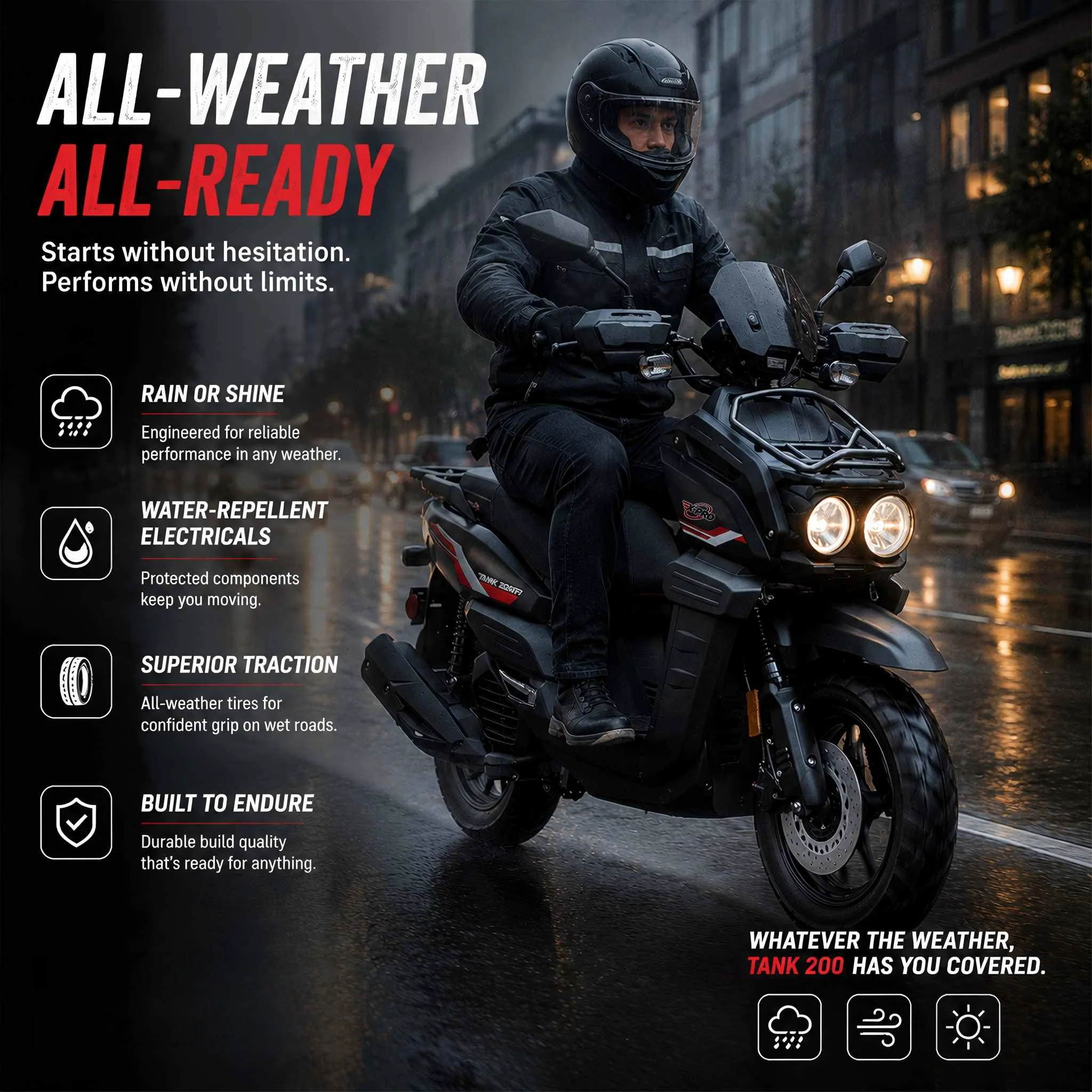 Free Shipping! X-PRO Tank 200 Moped Scooter with 12" Aluminum Wheels! Electric/Kick Start, LED Lights! - Image 6