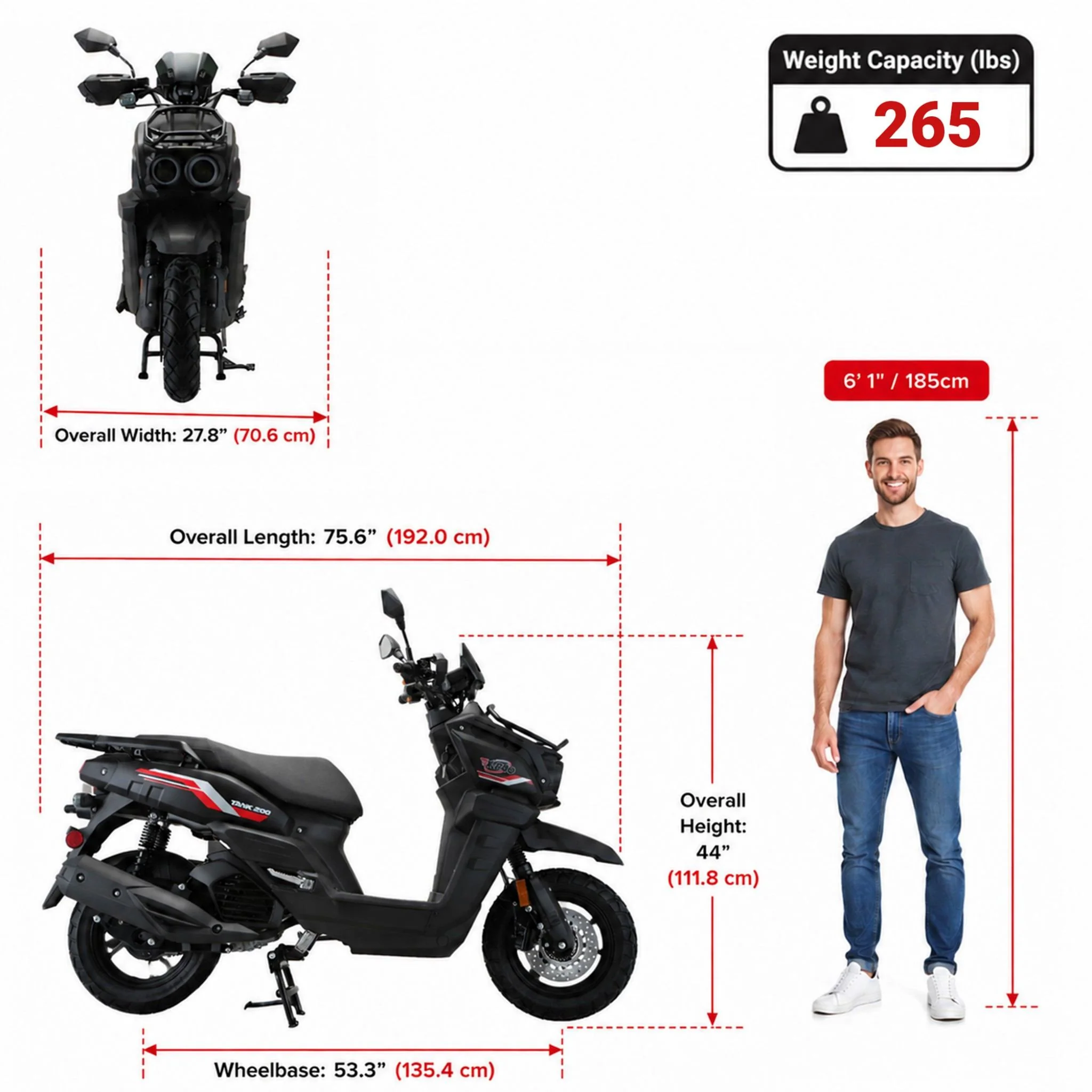 Free Shipping! X-PRO Tank 200 Moped Scooter with 12" Aluminum Wheels! Electric/Kick Start, LED Lights! - Image 8