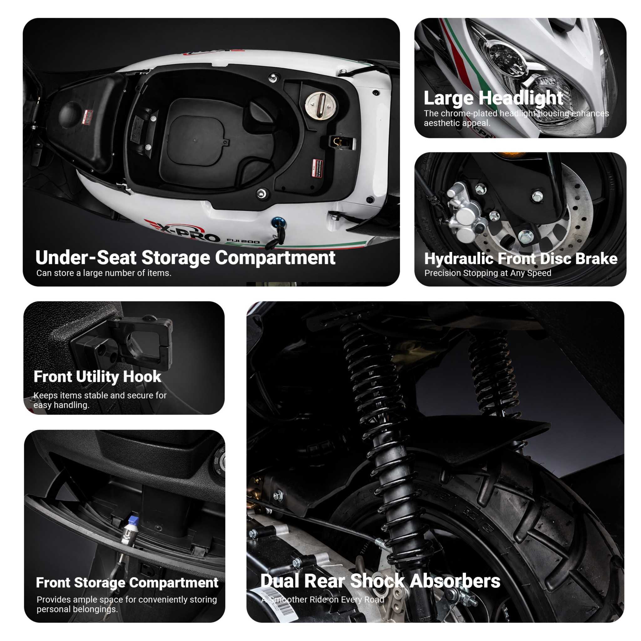 Free Shipping! X-PRO Fiji 200 Moped Scooter with 13" Aluminum Wheels! Electric/Kick Start! - Image 5
