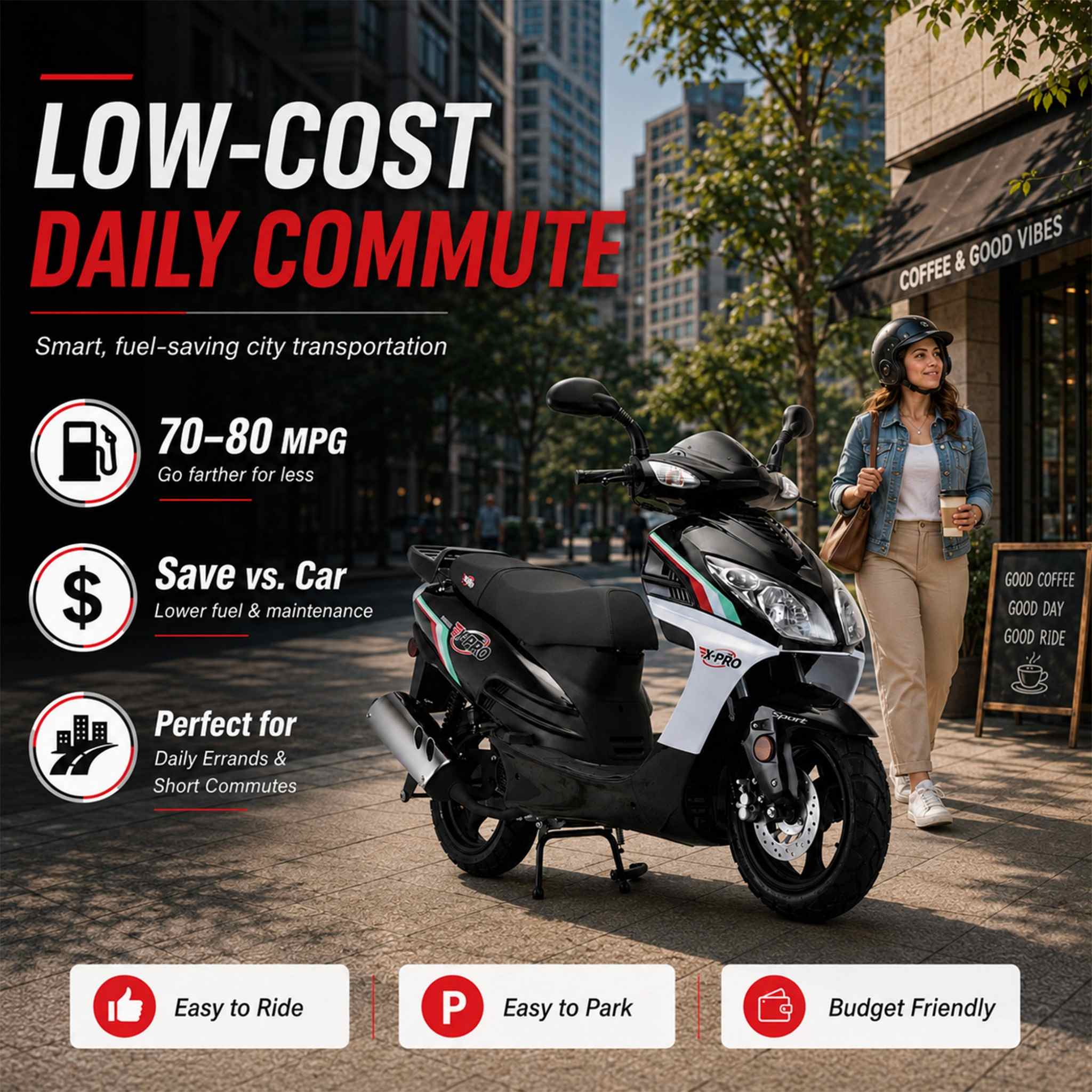 Free Shipping! X-PRO Fiji 200 Moped Scooter with 13" Aluminum Wheels! Electric/Kick Start! - Image 7